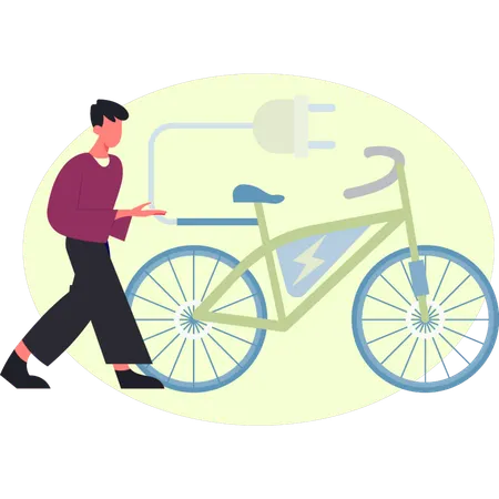 Man is pointing electric bicycle  Illustration
