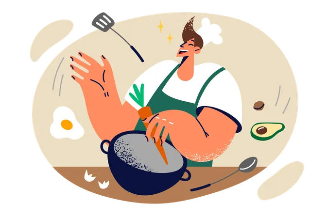 Man Chef Prepares Delicious Food And Stands In Kitchen Among Flying Ingredients For Soup Restaurant Employee In Chef Hat And Apron Enjoys Creating Culinary Masterpieces According To Secret Recipes Illustration