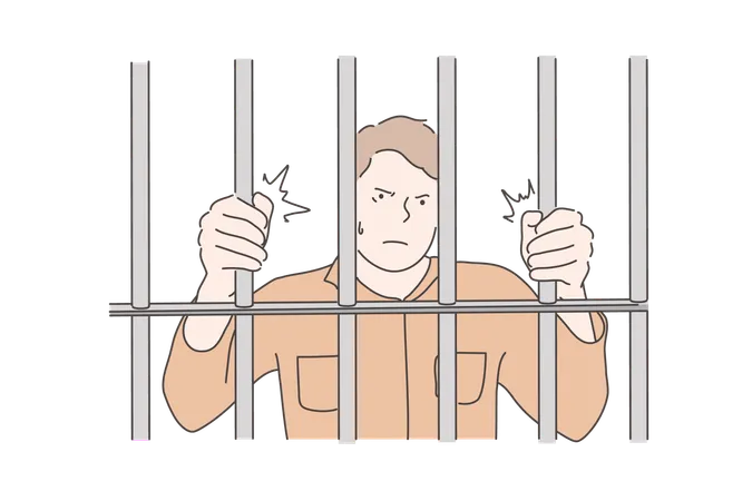 Jail Prisoner Crime Concept Young Dissatisfied Man Was Sentenced To Jail For Murder Angry Prisoner Demands To Let Him Out Guy Made Crime And Was Locked Up In Prison Simple Flat Vector Illustration