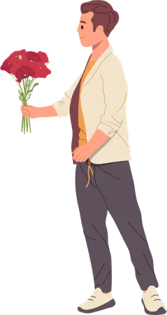Stylish Man Cartoon Character Giving Red Poppies Symbol Of Love Isolated On White Handsome Guy With Flowers Bouquet Vector Illustration Casual Boyfriend Preparing Floral Gift For Girlfriend Illustration