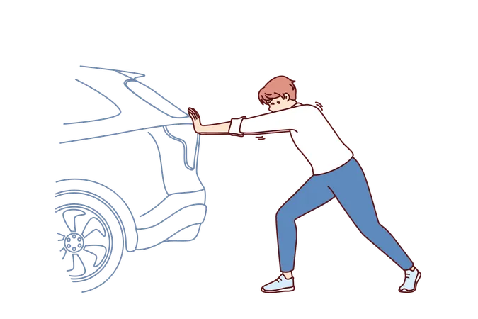 Man Pushing Broken Car On Road Needs Help Of Professional Auto Mechanic Or Tow Truck For Transport Young Unfortunate Driver Has Difficulty Pushing Car Due To Broken Engine Or Punctured Tire Illustration
