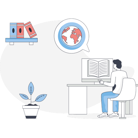 男性がオンラインで本を読んでいる  イラスト