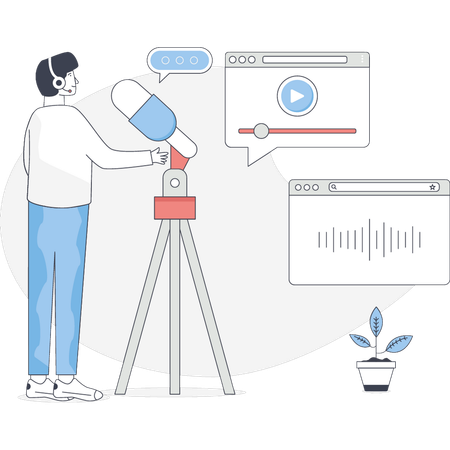 男性がオーディオポッドキャストを録音している  イラスト