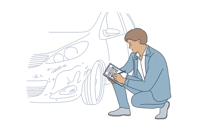 Accident Examination Checkup Automobile Concept Young Professional African American Man Guy Insurance Agent Examining Transport Vehicle After Road Collision And Recording Car Damage On Claim Form Illustration