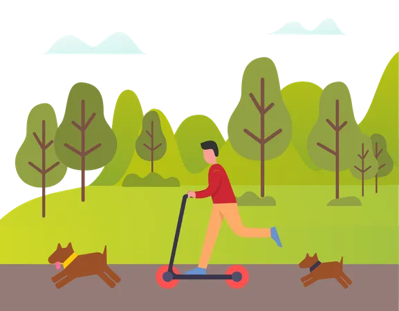 Man is riding scooter while racing with his dogs  Illustration