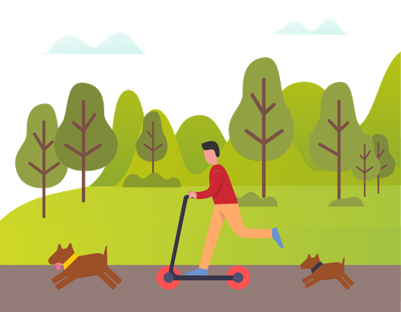 Man is riding scooter while racing with his dogs  Illustration