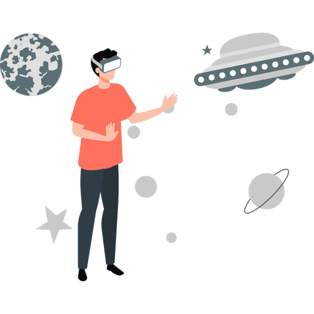 Man is seeing spaceship with VR technology  Illustration