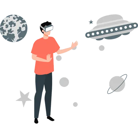 Man is seeing spaceship with VR technology  Illustration