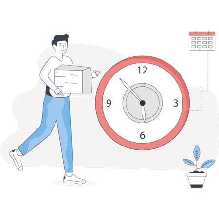Man is seen transporting a box adorned with a clock indicating its contents or purpose  Illustration