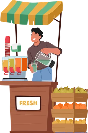 Salesman Character Deftly Pours Vibrant Fresh Juice Into A Glass At His Bustling Stall Captivating Passersby With The Allure Of Natural Refreshment Cartoon People Vector Illustration Illustration