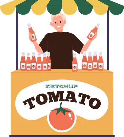 Organic Natural Tomato Sauce And Ketchup Distribution And Selling At Food Market Shop Stall Isolated On White Background Vendor Merchandising And Promoting High Quality Product Vector Illustration 일러스트레이션