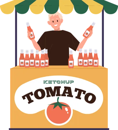 Man is selling tomato ketchup at stall  Illustration