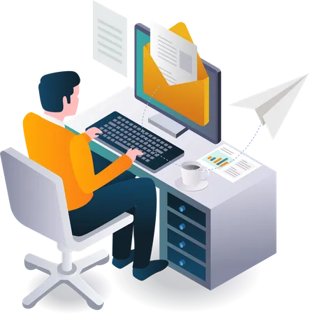 Man Is Sending Email Safely And Work In Desk Illustration