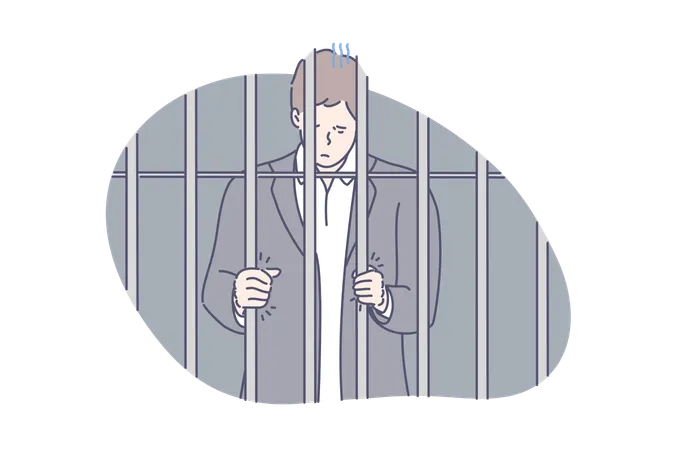 Jail Prisoner Fraud Concept Young Unhappy Man Was Sentenced To Jail For Fraud Sad Prisoner Demands To Let Him Out Businesman Made Crime And Was Locked Up In Prison Simple Flat Vector Illustration