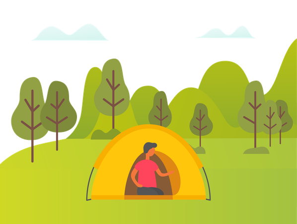 Man is setting up tent in forest  Illustration