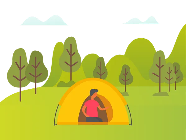 Man is setting up tent in forest  Illustration