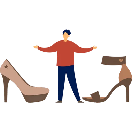 남자가 여성용 힐을 보여주고 있다  일러스트레이션