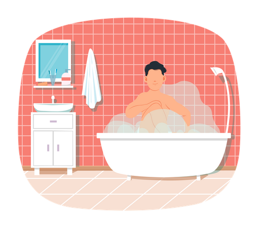 Man is sitting in cloud of steam. Person is resting in bathroom in bathtub with hot water Illustration