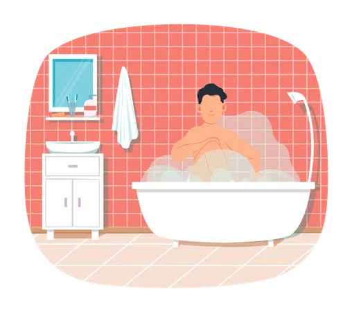 Man is sitting in cloud of steam. Person is resting in bathroom in bathtub with hot water  イラスト