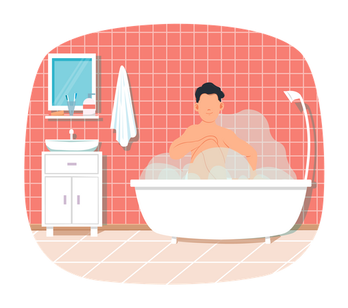 Man is sitting in cloud of steam. Person is resting in bathroom in bathtub with hot water  Illustration