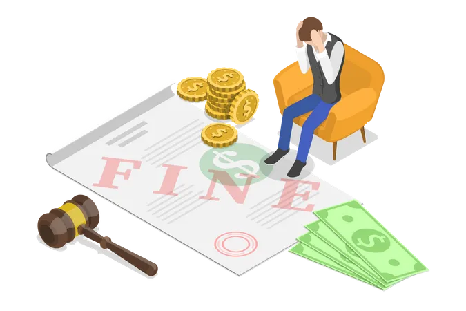 Isometric Vector Concept Of Fine Or Penalty A Sad Man Is Sitting Next To The Fine Document Illustration