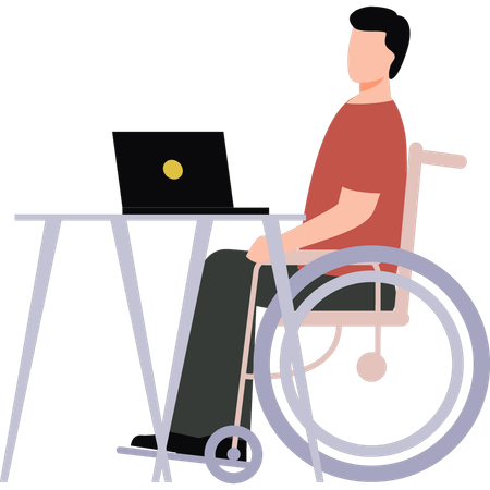 Man is sitting on wheelchair working on laptop  일러스트레이션