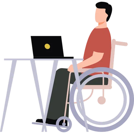 Man is sitting on wheelchair working on laptop  일러스트레이션