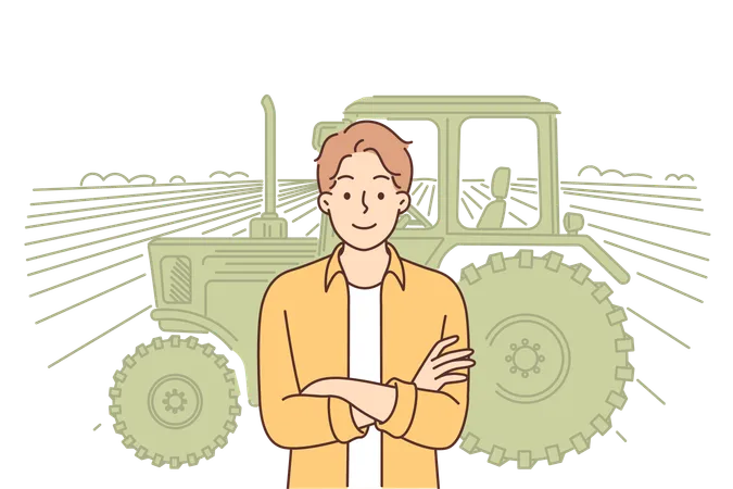 Man Farmer Stands In Field Near Tractor For Harvesting And Looks At Camera With Arms Crossed Successful Farmer Is Engaged In Farming And Owns Agricultural Business For Growing Vegetables Or Grains Illustration