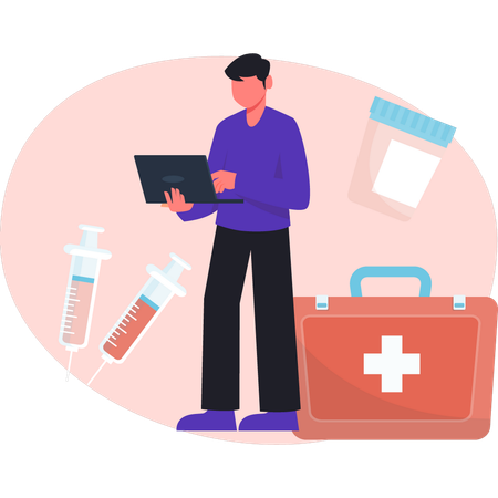 Man is standing in front of first aid kit  Illustration