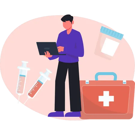 Man is standing in front of first aid kit  Illustration