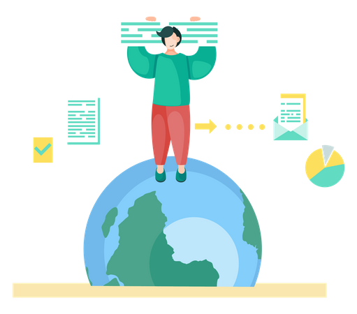 Man is standing in top of the globe  イラスト