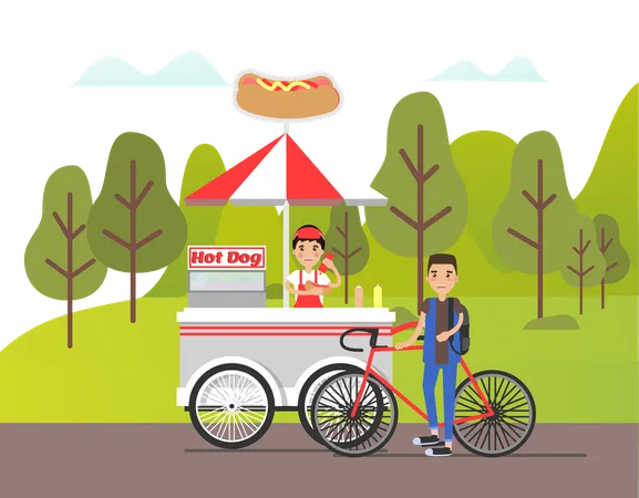 Man is standing near hot dog stall  Illustration