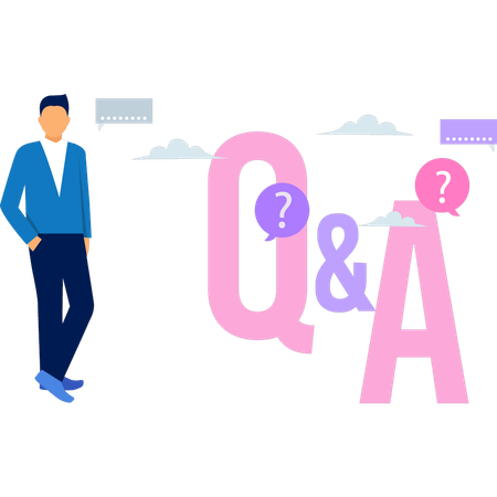 Man is standing near question and answer  イラスト