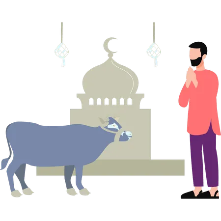 The Man Is Standing Next To The Cow Illustration