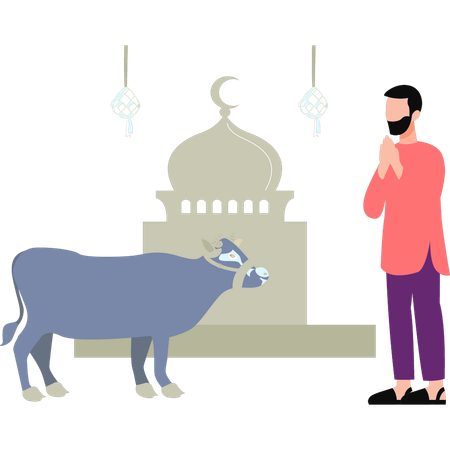 Man is standing next to cow  Illustration