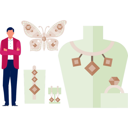 Man is standing next to jewellery design  Illustration