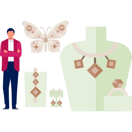 Man is standing next to jewellery design  Illustration