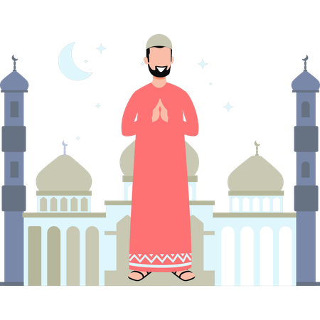 Man is standing outside mosque  Illustration