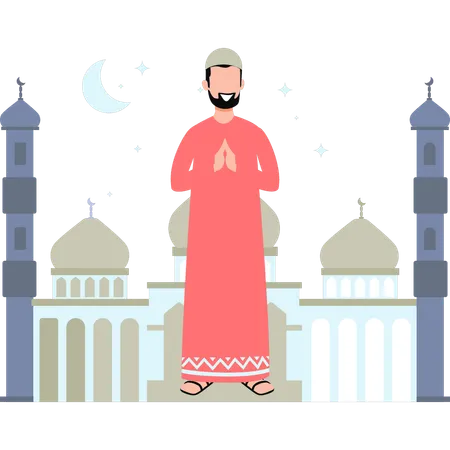 The Man Is Standing Outside The Mosque Illustration