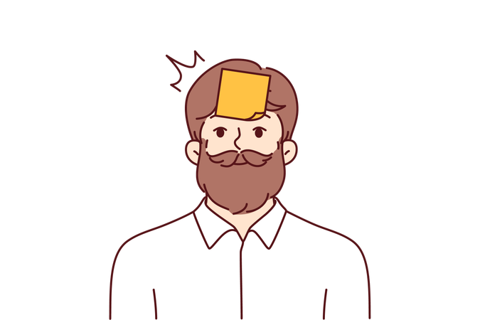 Man is sticking reminder notes on his head  イラスト