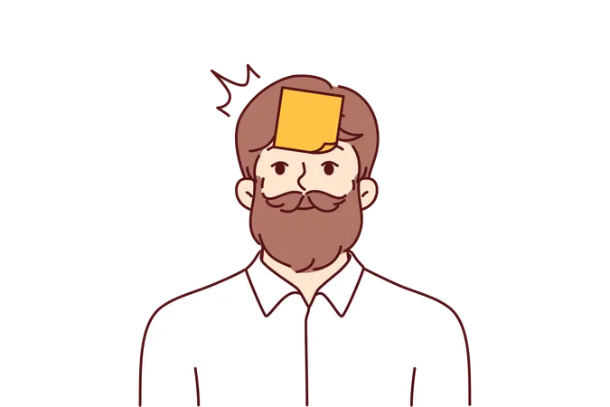 Man is sticking reminder notes on his head  イラスト