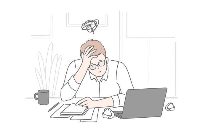 Bankruptcy Burnout Collapse Business Concept Tired Frustrated Young Man Businessman In Psychological Stress At The End Of The Day In The Office Problems Unsolved Cases Brainstorming Simple Flat Vector Illustration