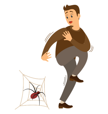 Man is suffering from fear of big spiders  Illustration