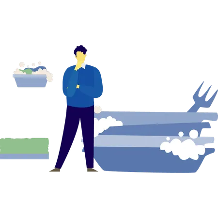 Man is thinking about dish wash  Illustration