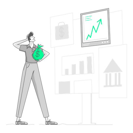 Man is thinking of investing his money  Illustration