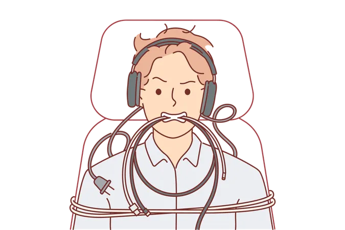 Man Is Tied Up With Computer Wires And Shows Aggressive Grimace Caused By Professional Burnout System Administrator Guy In Headphones Experiences Nervous Breakdown And Burnout Due To Difficult Work Illustration