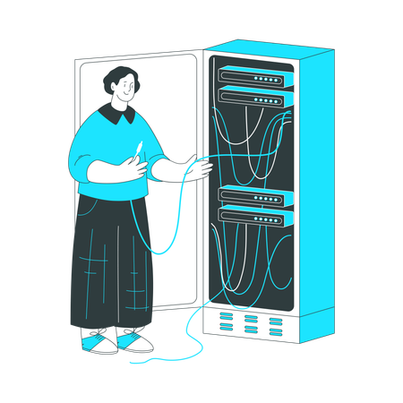 Man is tinkering with wires in the server room  Illustration
