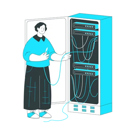 Man is tinkering with wires in the server room  Illustration