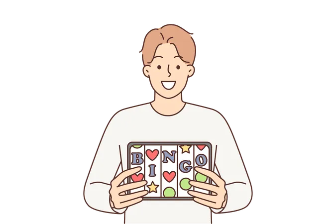 Bingo Application In Electronic Tablet Of Man Offering To Visit Online Casino Or Try Luck In Lottery Guy With Smile Demonstrates Gadget With Inscription Bingo And Slot Machine Cells Illustration