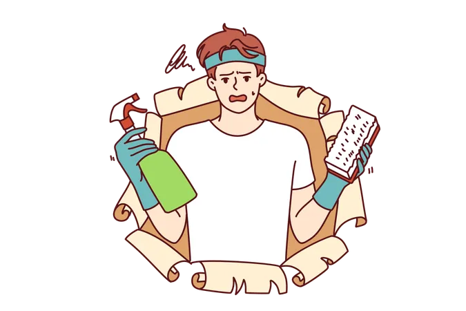 Disgruntled Man With Cleaning Brush And Bottle Filled With Chemical Detergent That Removes Grease Stains Or Dirt From Furniture Guy In Casual Clothes Uses Cleaning Spray To Do Housework Illustration